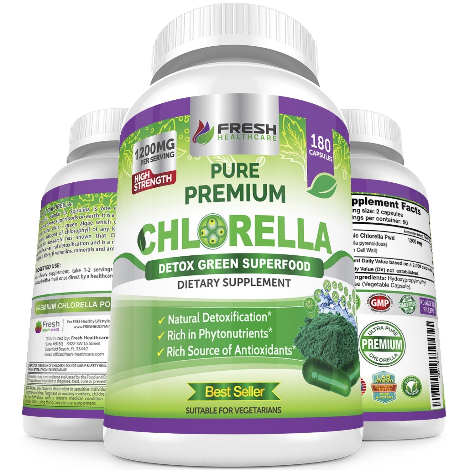 Front view of FRESH HEALTHCARE Chlorella 1200mg vegan capsules bottle