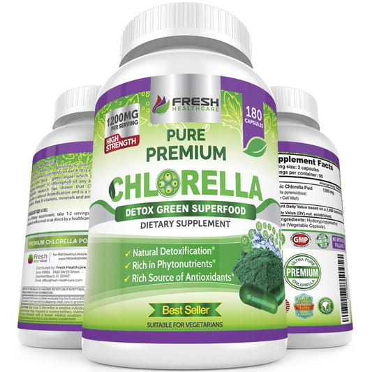 Front view of FRESH HEALTHCARE Chlorella 1200mg vegan capsules bottle