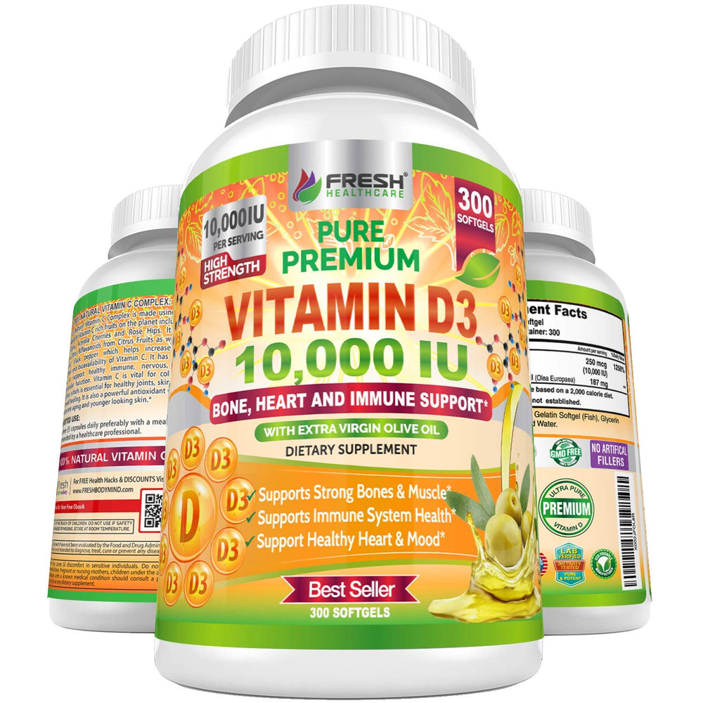 Fresh Healthcare Vitamin D3 10000 IU softgels bottle with extra virgin olive oil