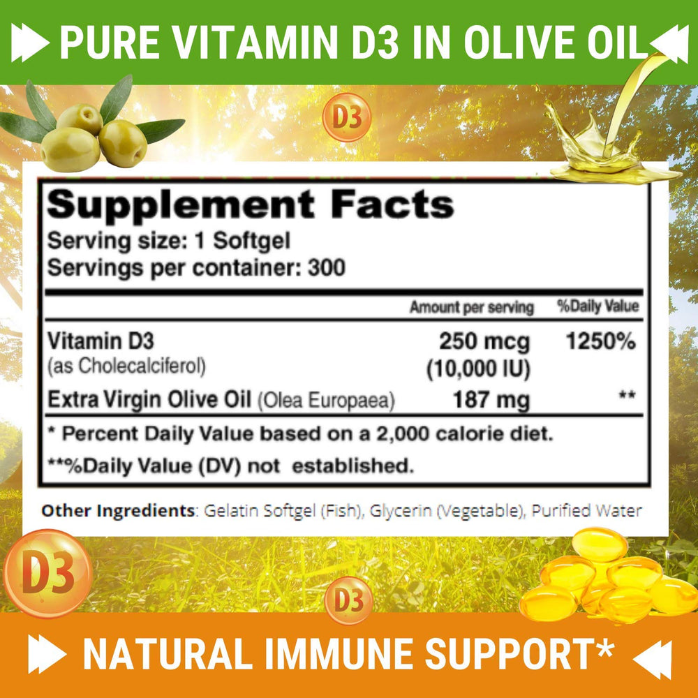 Vitamin D3 softgels with extra virgin olive oil on white background