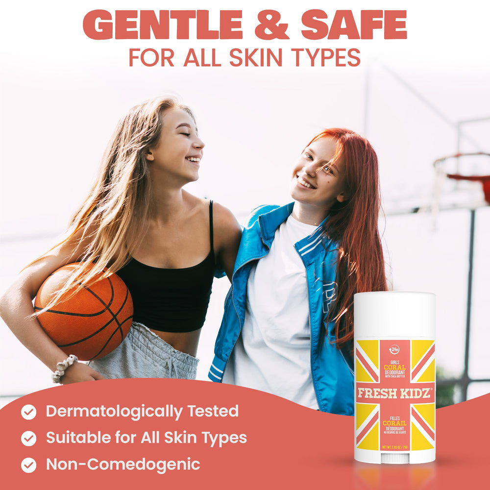 Closeup of label on Fresh Kidz Coral deodorant stick showing clean ingredients