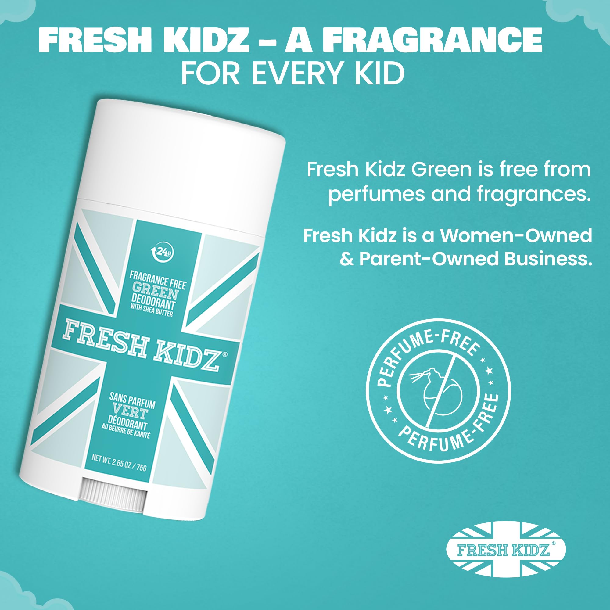 Fresh Kidz fragrance-free Green deodorant on shelf highlighting 24-hour protection.
