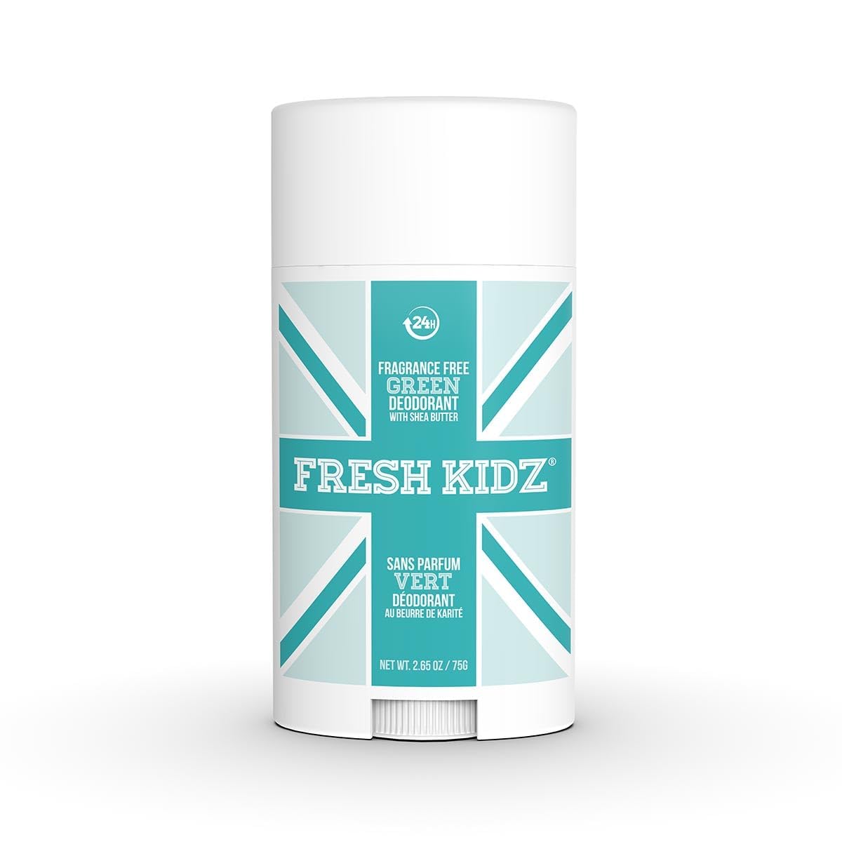 Fresh Kidz unscented Green deodorant stick close-up showing fragrance-free formula for sensitive skin.