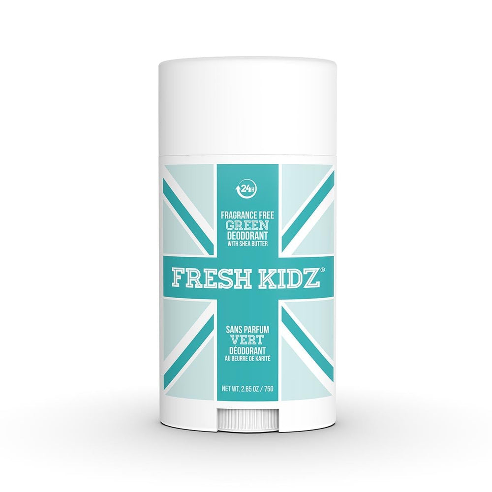Fresh Kidz unscented Green deodorant stick close-up showing fragrance-free formula for sensitive skin.