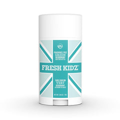 Fresh Kidz unscented Green deodorant stick close-up showing fragrance-free formula for sensitive skin.