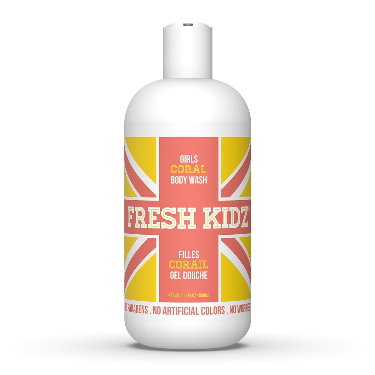 Fresh Kidz Girls Coral bodywash bottle highlights gentle cleansing for young skin.