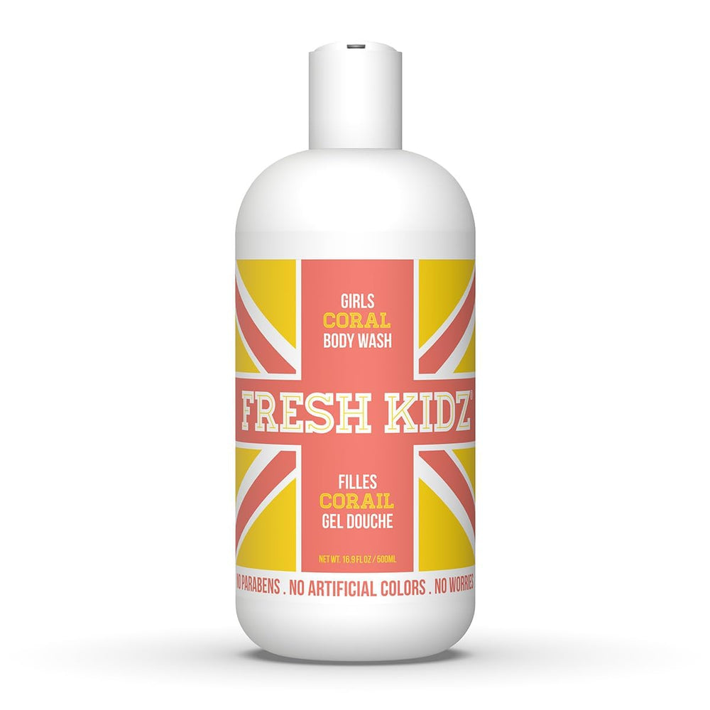 Fresh Kidz Girls Coral bodywash bottle highlights gentle cleansing for young skin.