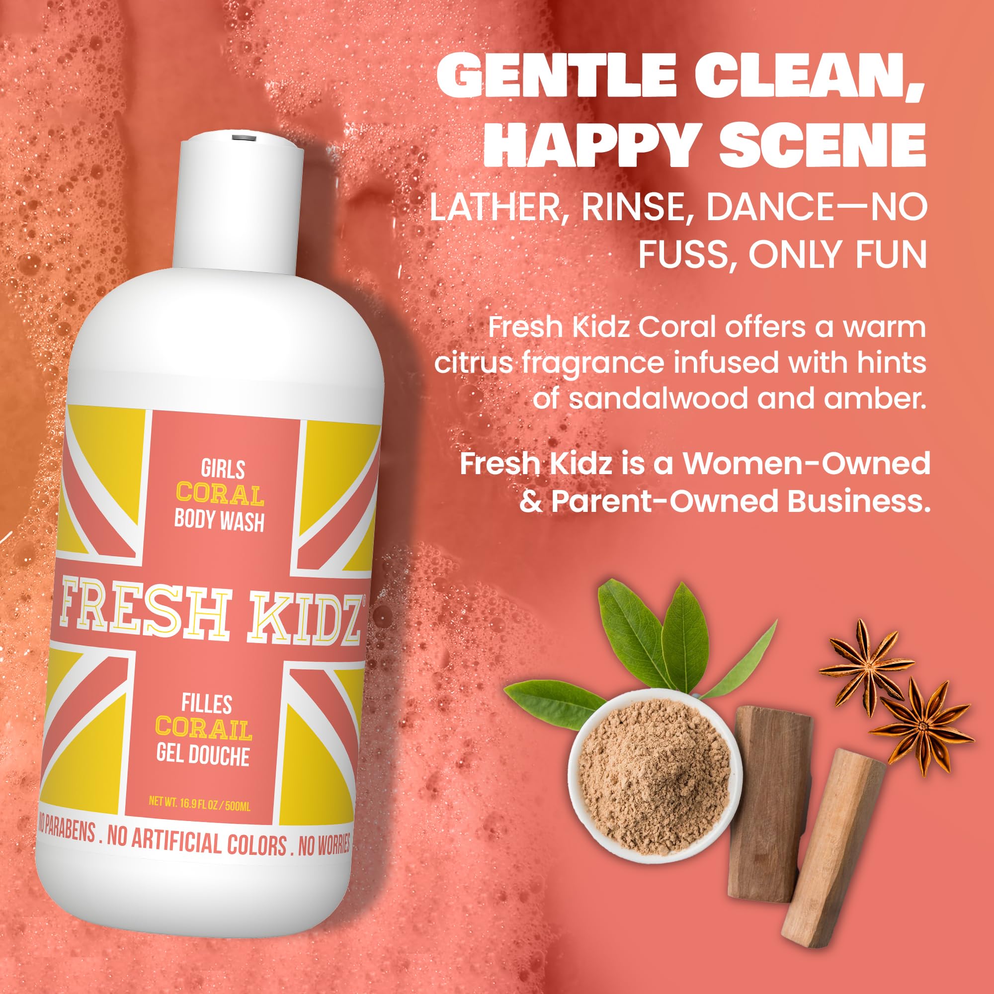 Fresh Kidz Girls Coral bodywash ingredients icons indicate clean, safe formulation.