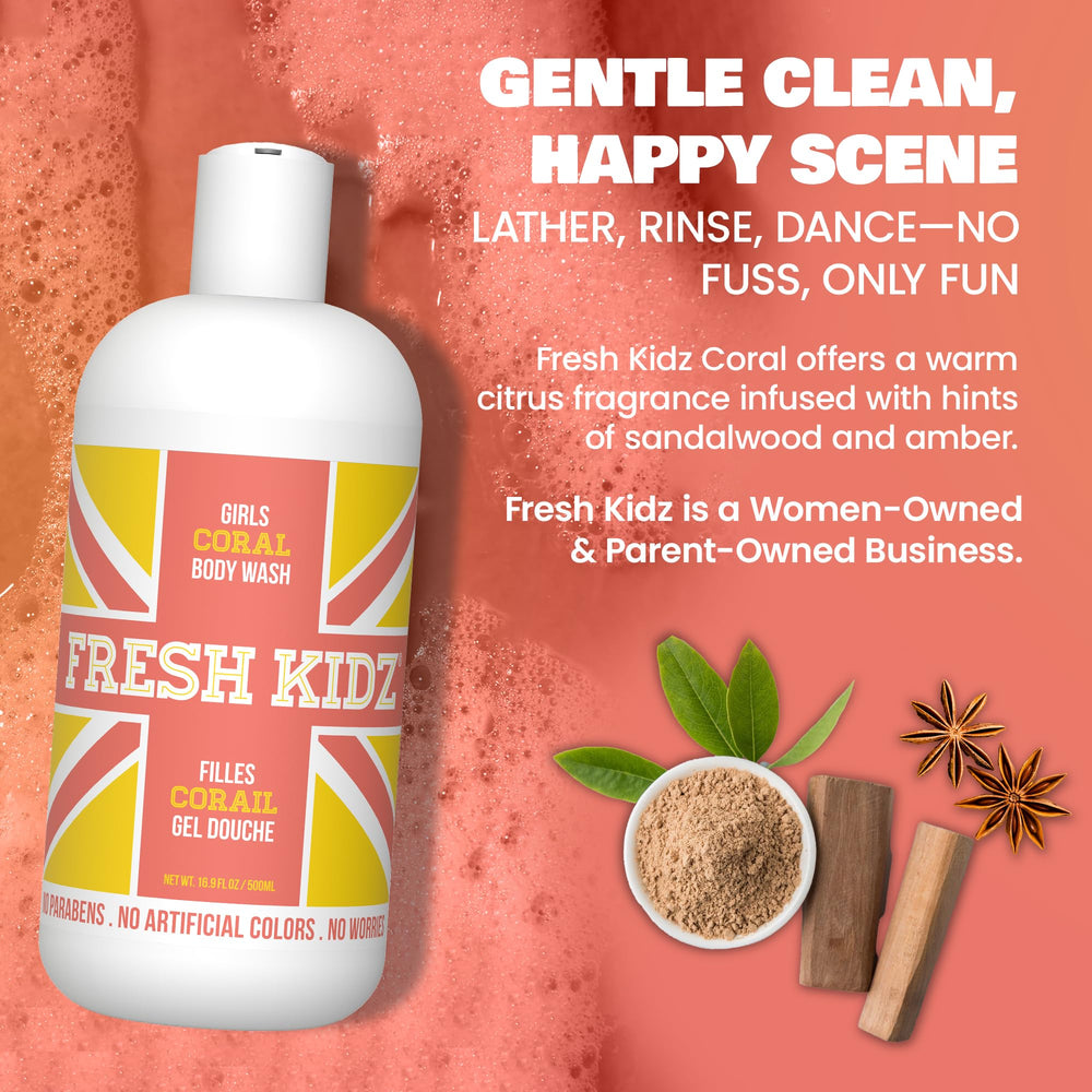 Fresh Kidz Girls Coral bodywash ingredients icons indicate clean, safe formulation.