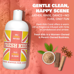 Fresh Kidz Girls Coral bodywash ingredients icons indicate clean, safe formulation.