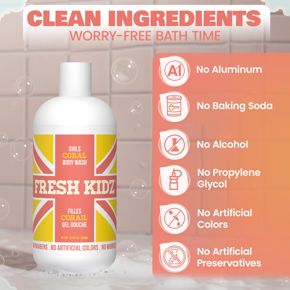 Fresh Kidz bodywash label emphasizes aluminum-free, paraben-free, and vegan-friendly formula.