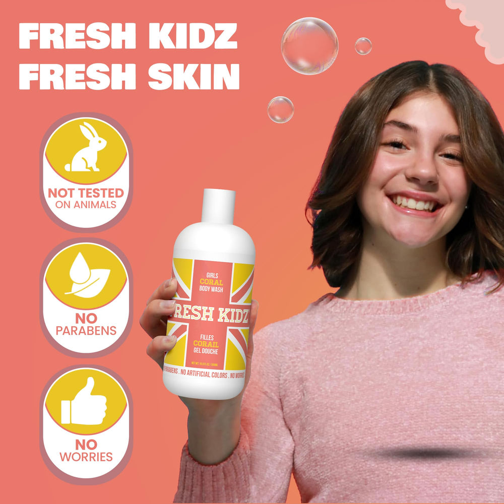 Fresh Kidz Girls Coral bodywash lather demonstrates rich, creamy foam for shower time.