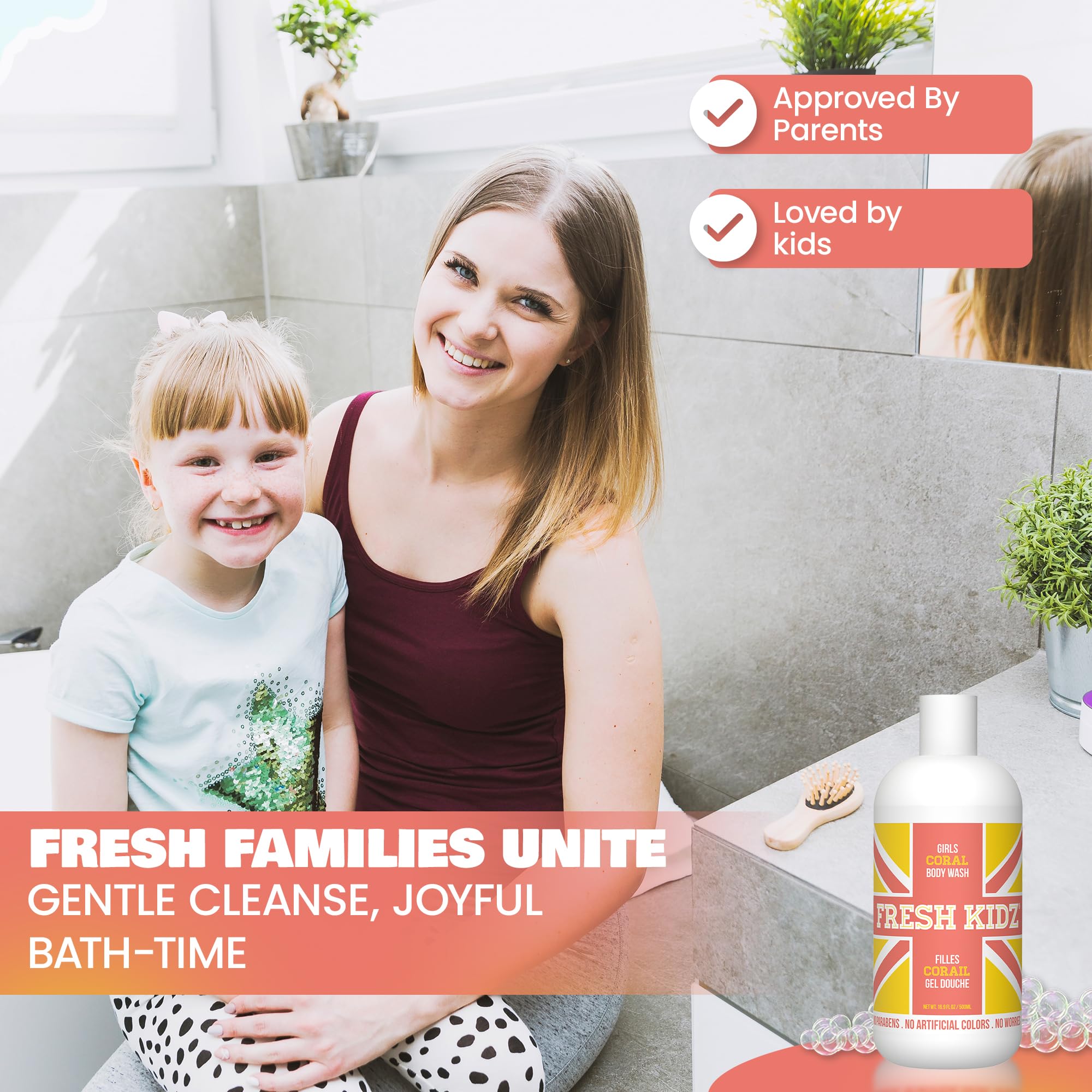 Fresh Kidz bodywash in a shower scene highlights kid-friendly cleansing routine.