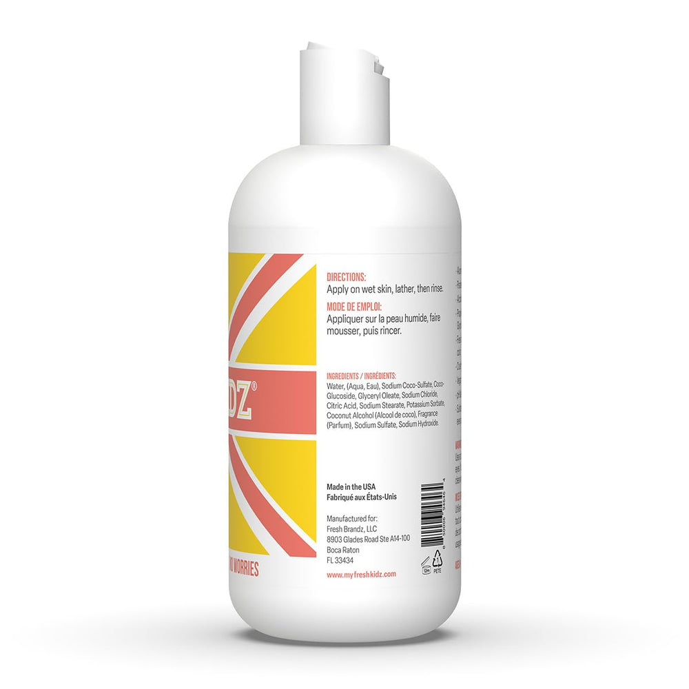 Fresh Kidz bodywash vegan symbol communicates cruelty-free, plant-based care.