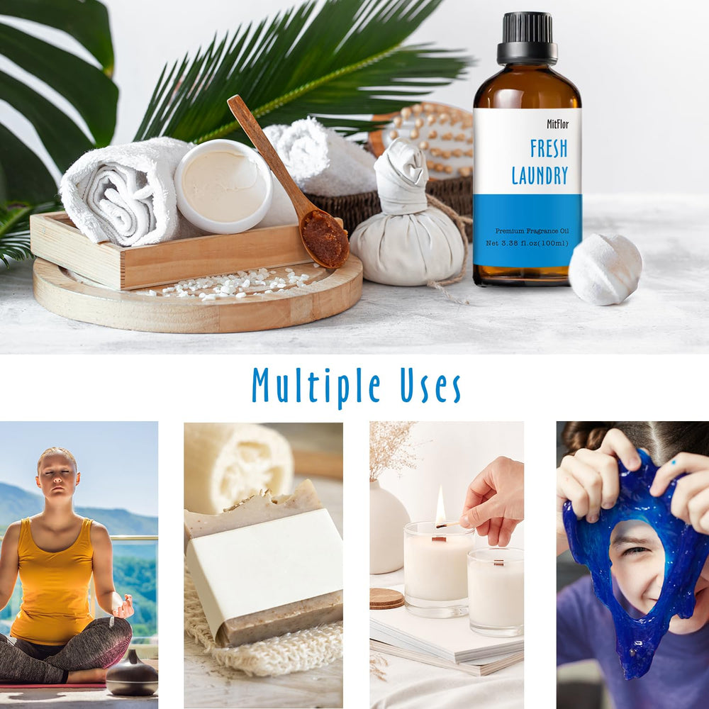 Versatile use - soap, candle, diffuser setup with Fresh Laundry fragrance