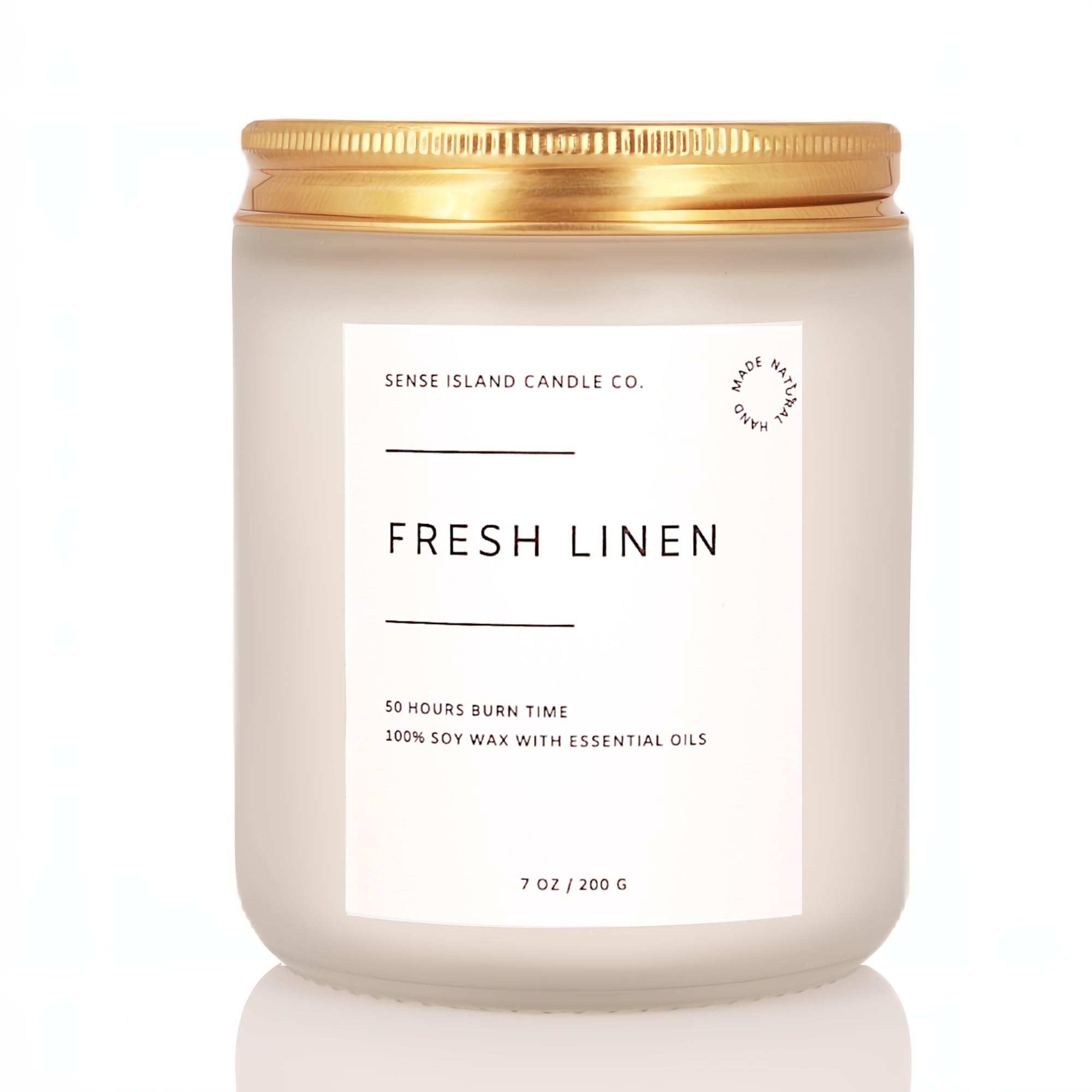 Fresh linen scented soy candle with clean cotton notes