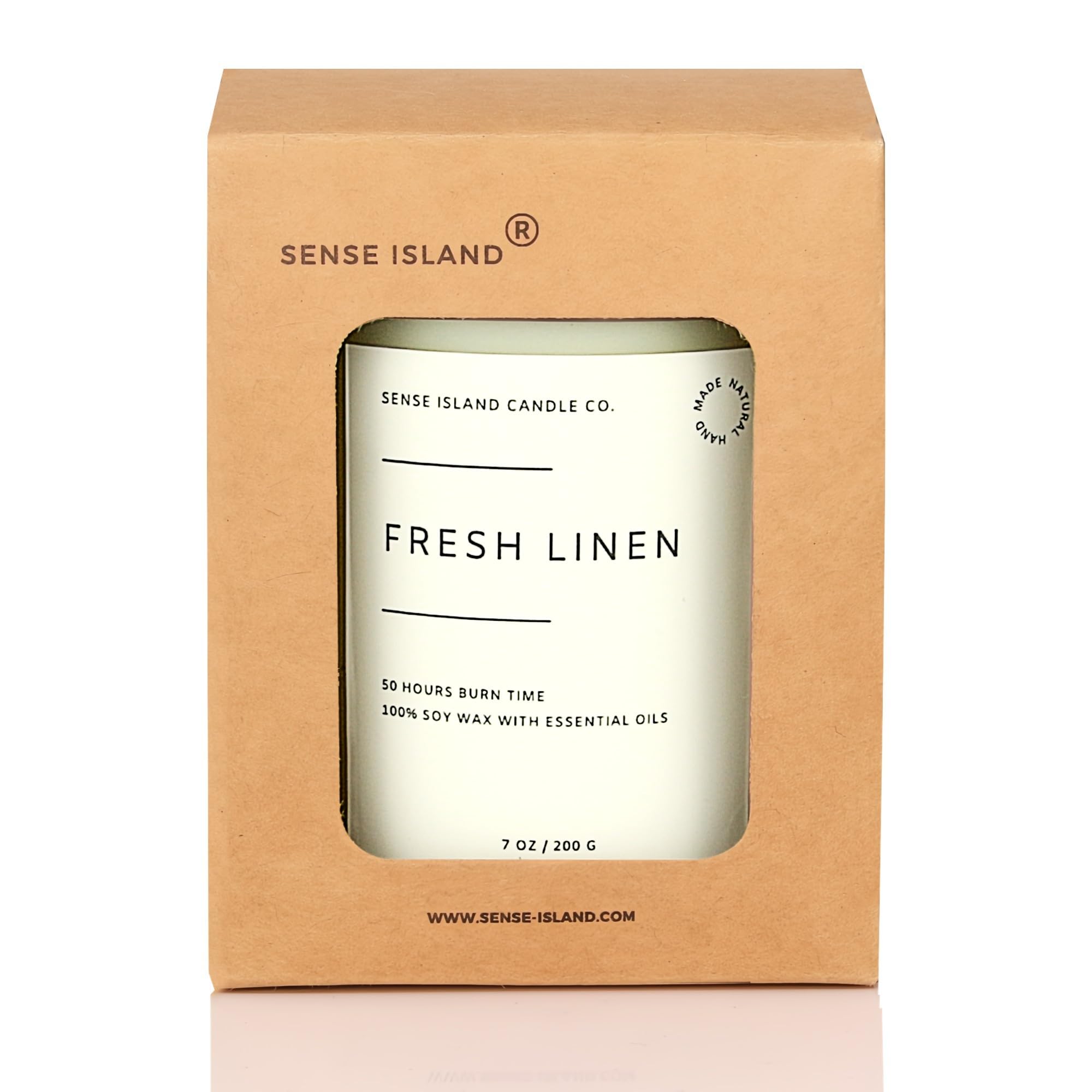 Close-up of clean linen scented candle label