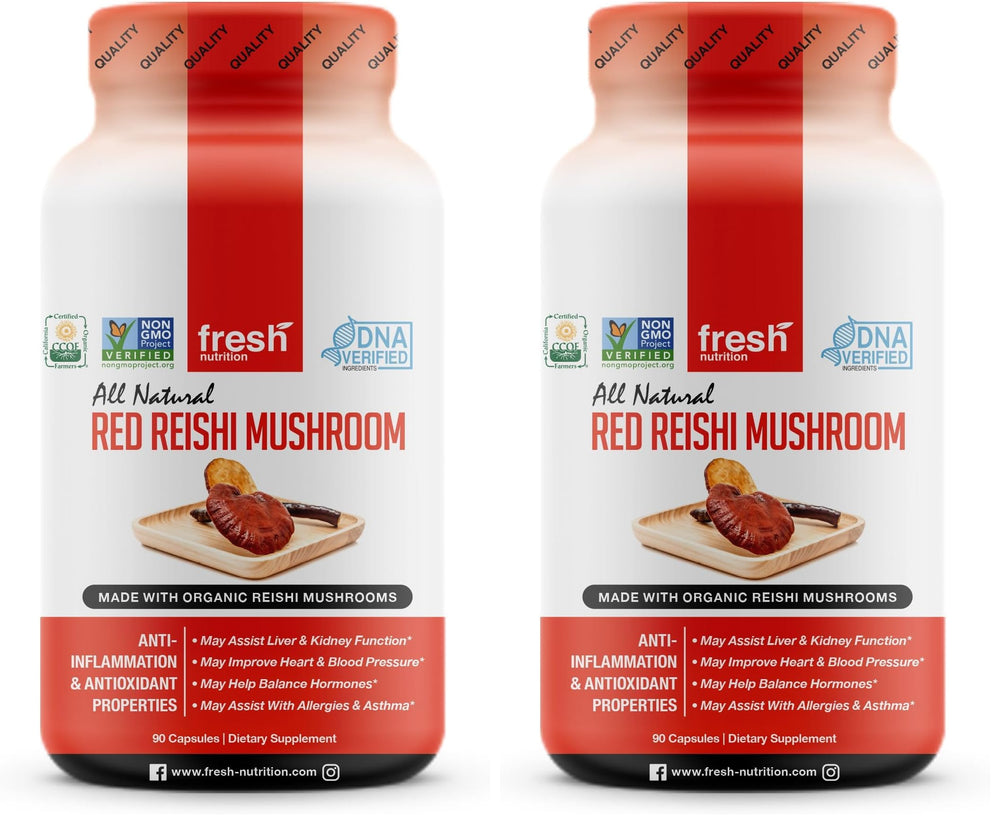 Fresh Nutrition Reishi capsules bottle highlighting alpha-glucan rich formula for daily wellness