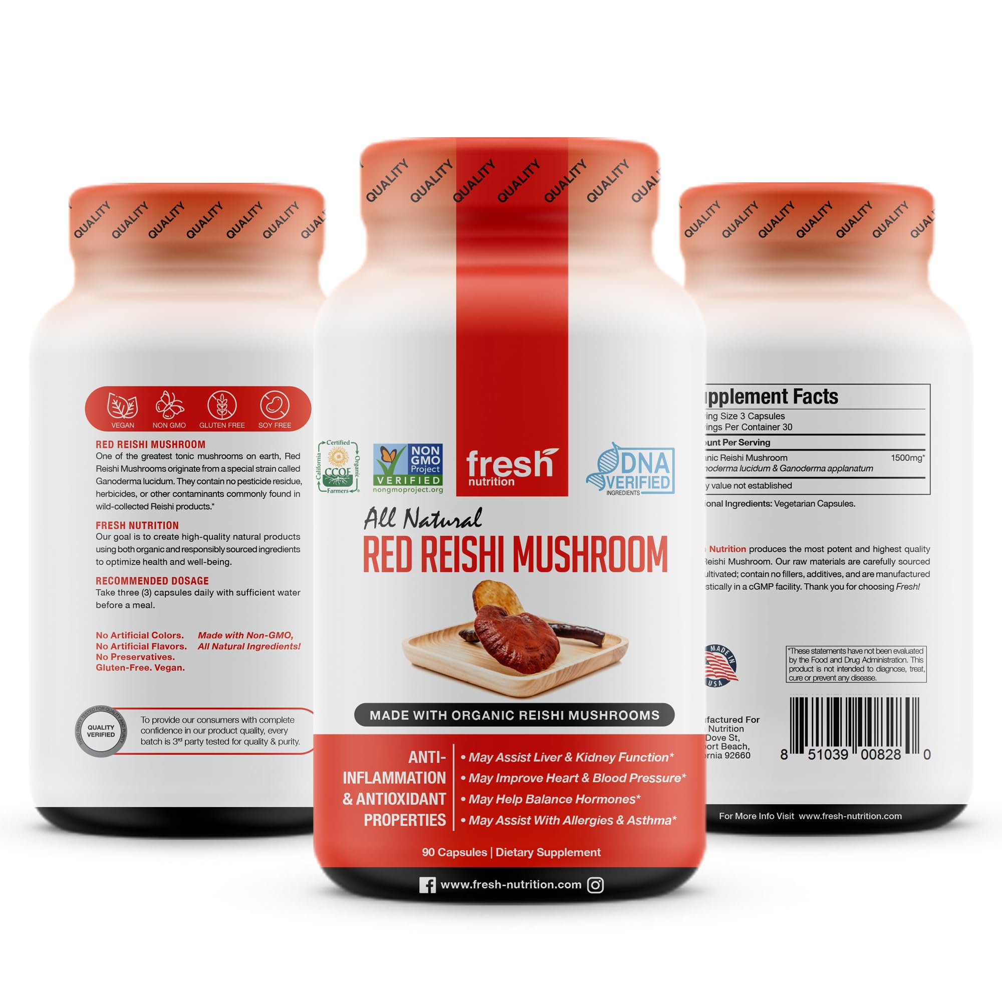 Fresh Nutrition reishi capsules pack shot emphasizing potency and purity