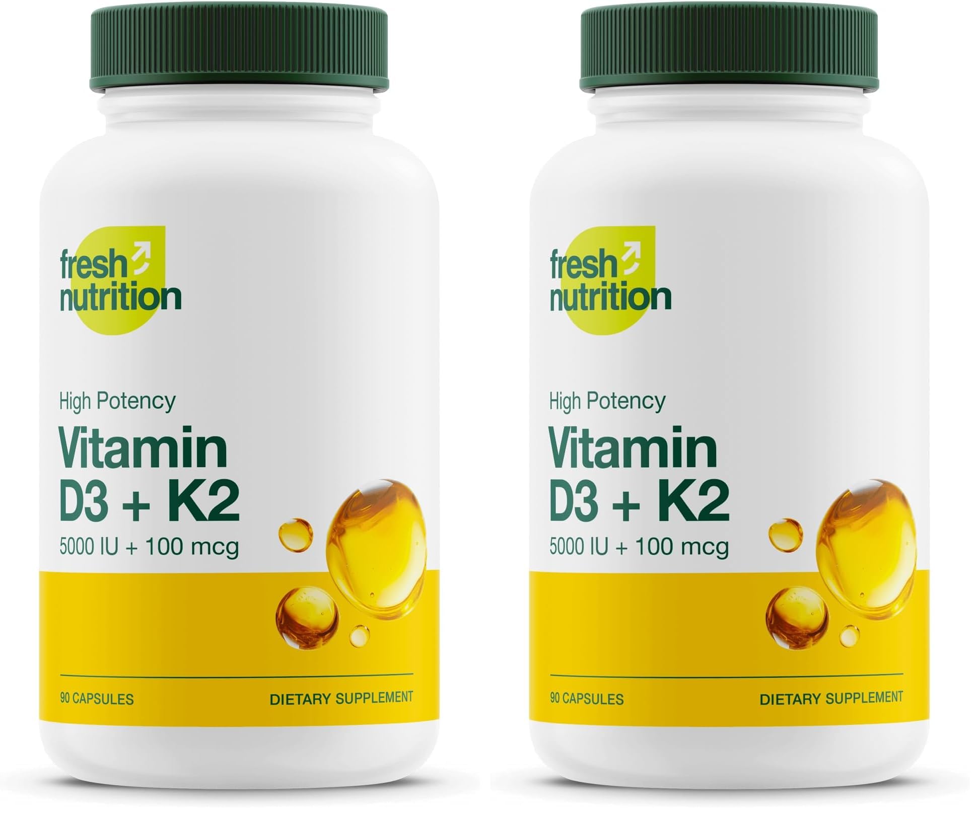 Fresh Nutrition vegan Vitamin D3 + K2 capsules bottle showing 90 capsules per pack