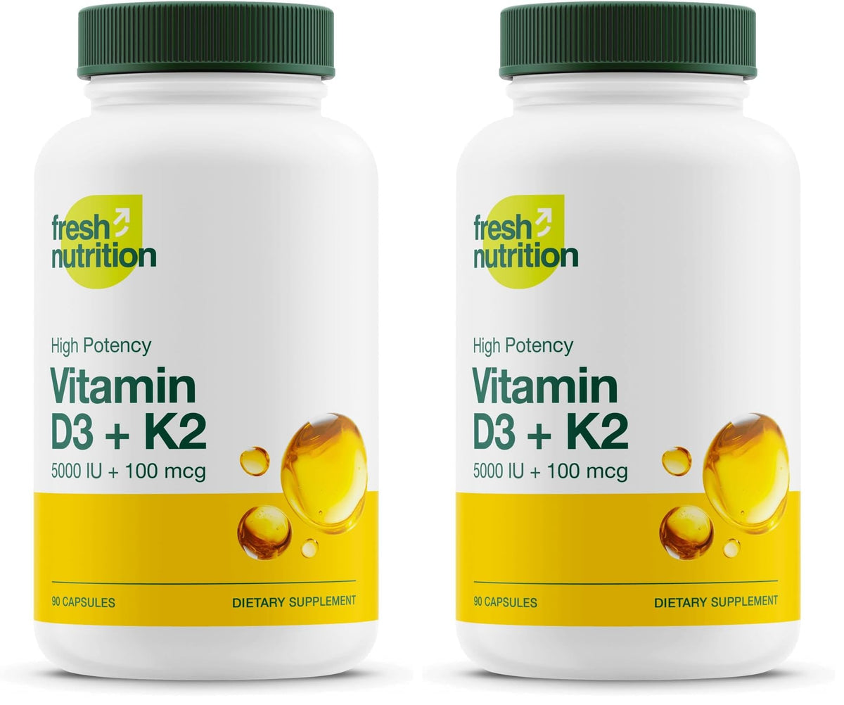 Fresh Nutrition vegan Vitamin D3 + K2 capsules bottle showing 90 capsules per pack