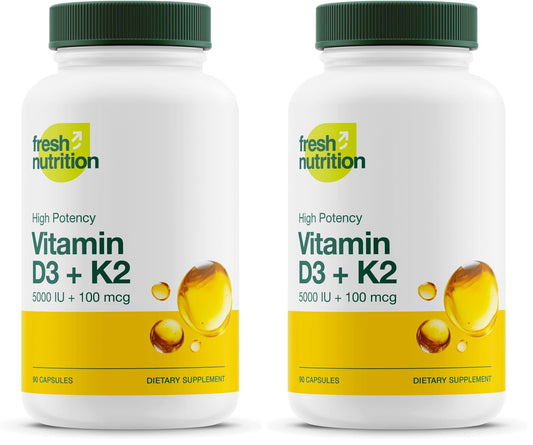 Fresh Nutrition vegan Vitamin D3 + K2 capsules bottle showing 90 capsules per pack