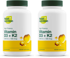 Fresh Nutrition vegan Vitamin D3 + K2 capsules bottle showing 90 capsules per pack