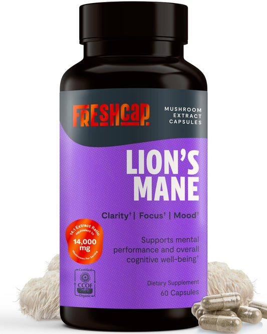 Front view of FreshCap Lions Mane bottle