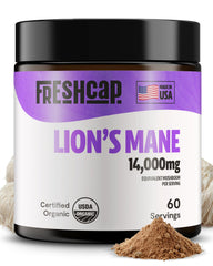 FreshCap Lions Mane Powder bottle showing 14,000mg per serving