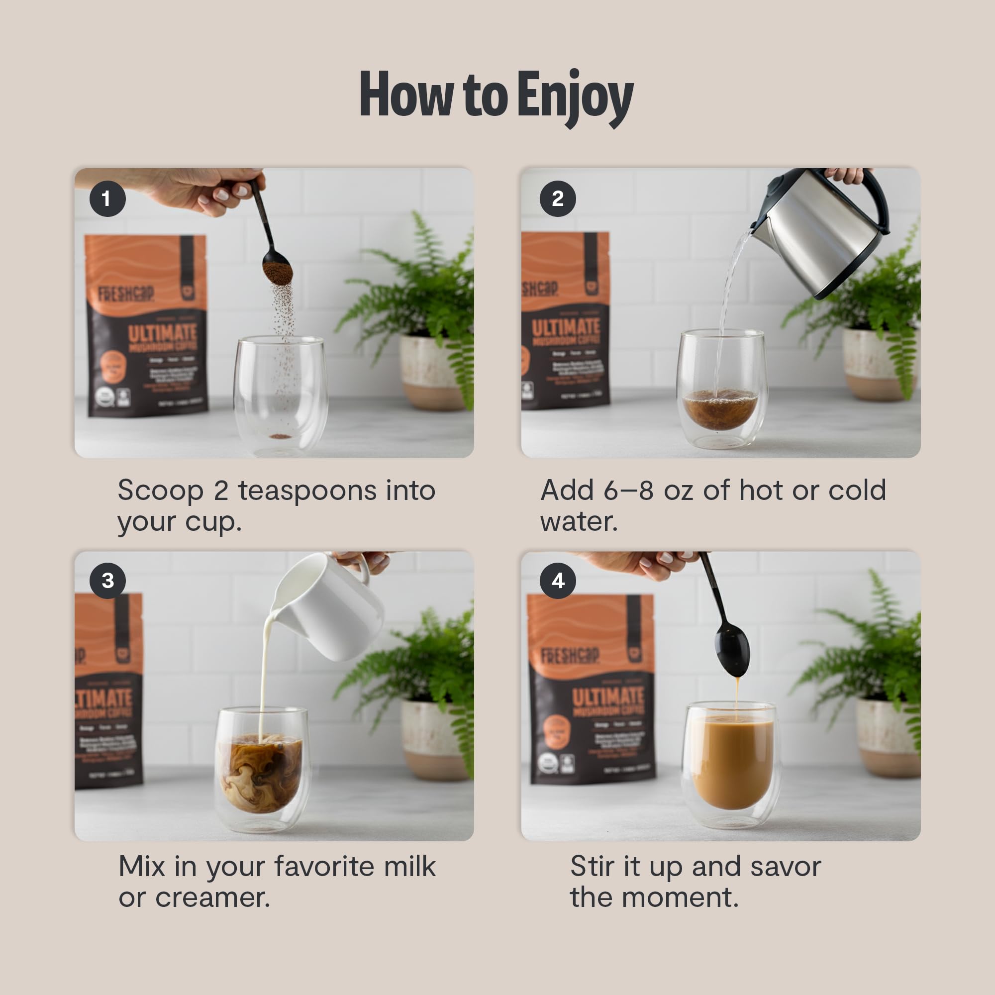Caffeine content of 50 mg per cup from organic instant coffee