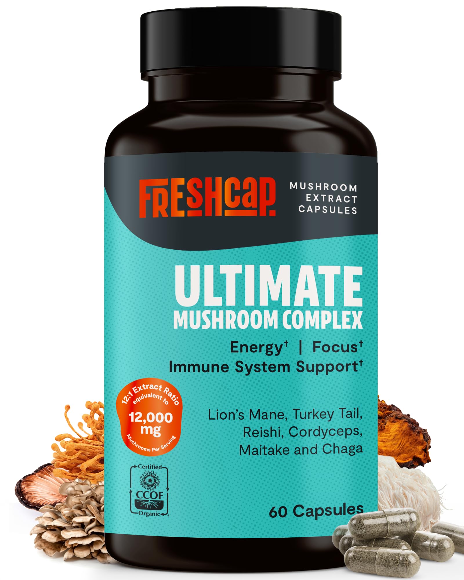 FreshCap Mushrooms Ultimate Mushroom Complex bottle with 60 capsules