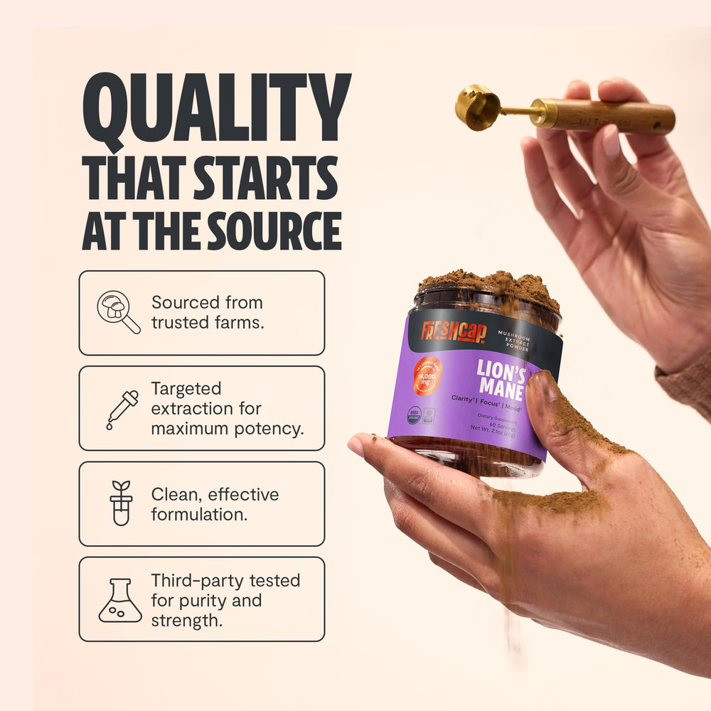 FreshCap Lions Mane powder pour demonstrates easy mixing into beverages