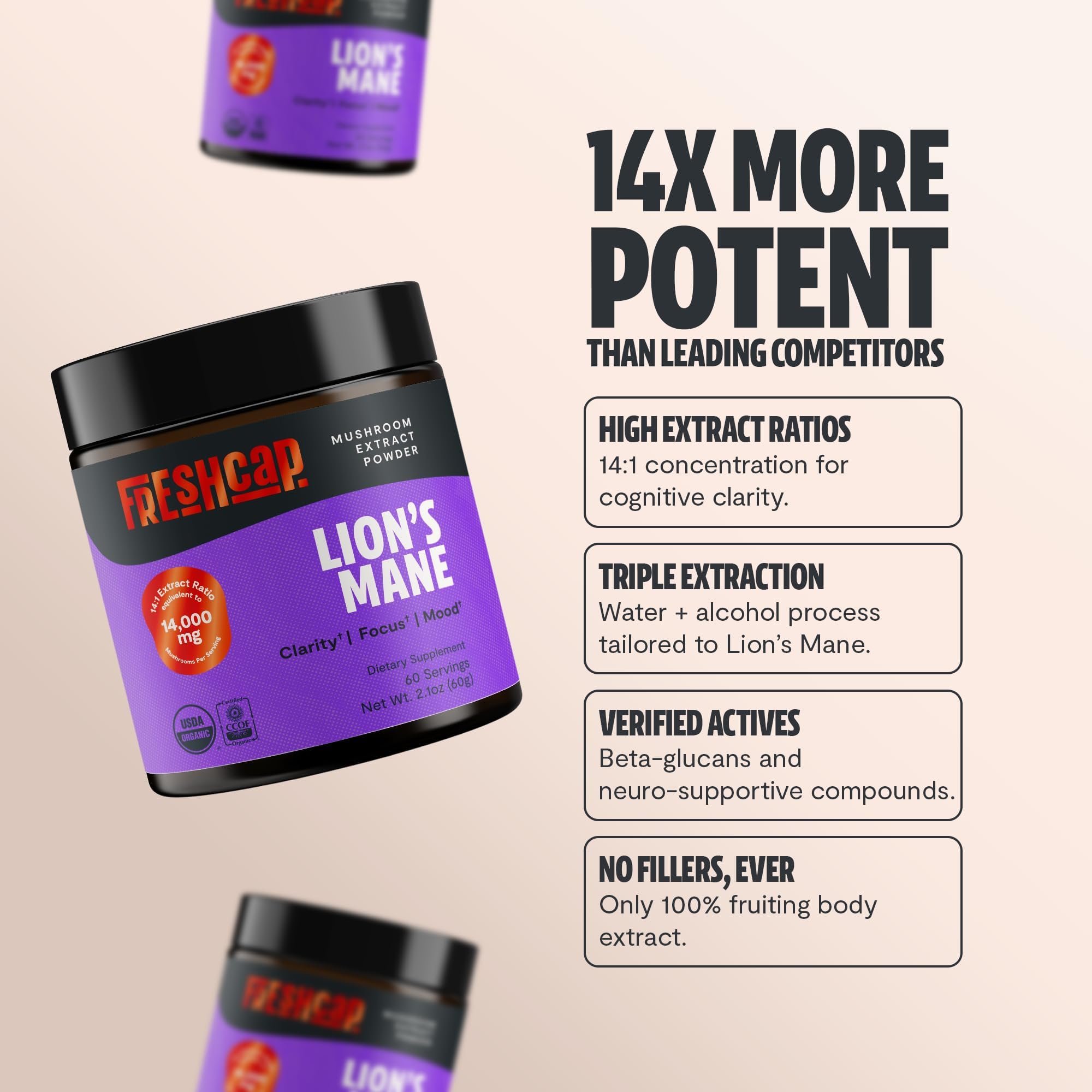 FreshCap Lions Mane powder closeup emphasizes triple-extracted quality for brain support