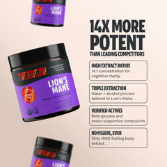 FreshCap Lions Mane powder closeup emphasizes triple-extracted quality for brain support