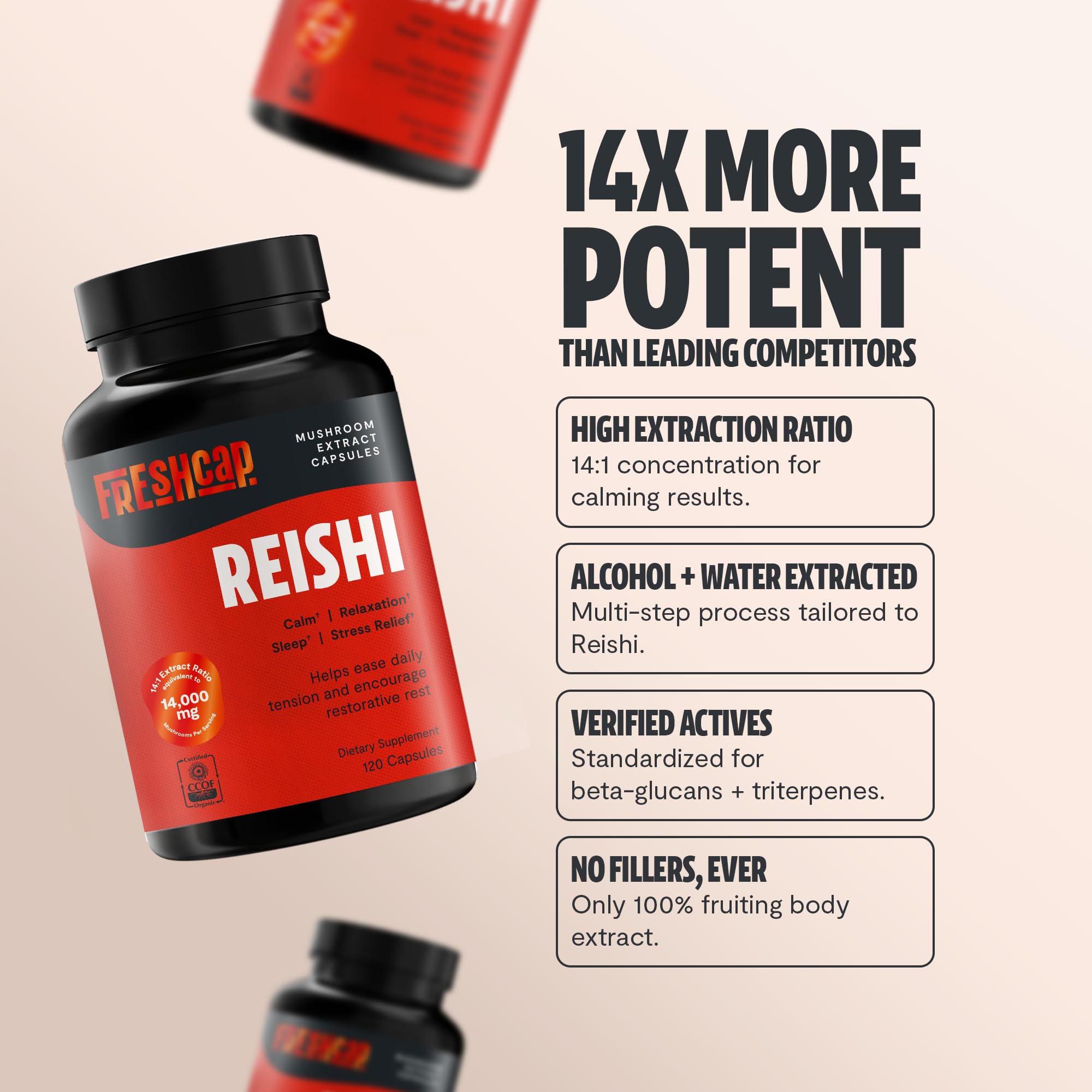 FreshCap Mushrooms Reishi label detail highlighting organic, dual-extracted formula