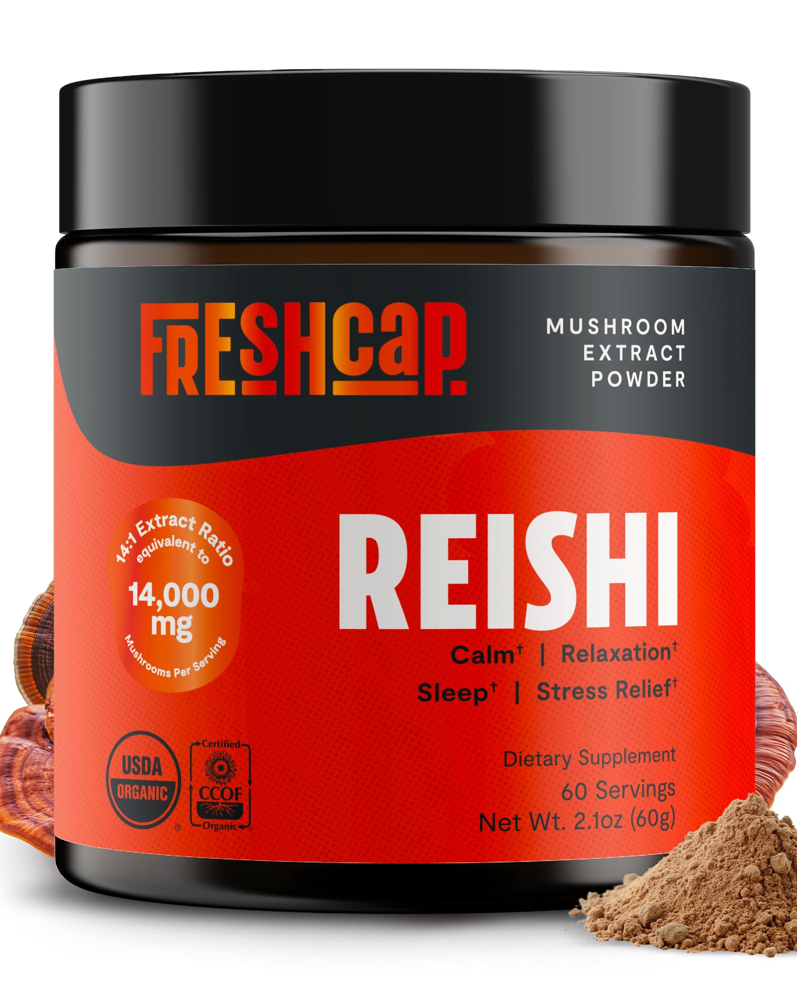 FreshCap Mushrooms Reishi powder front-label bottle highlighting organic dual-extracted formula for balanced wellness.