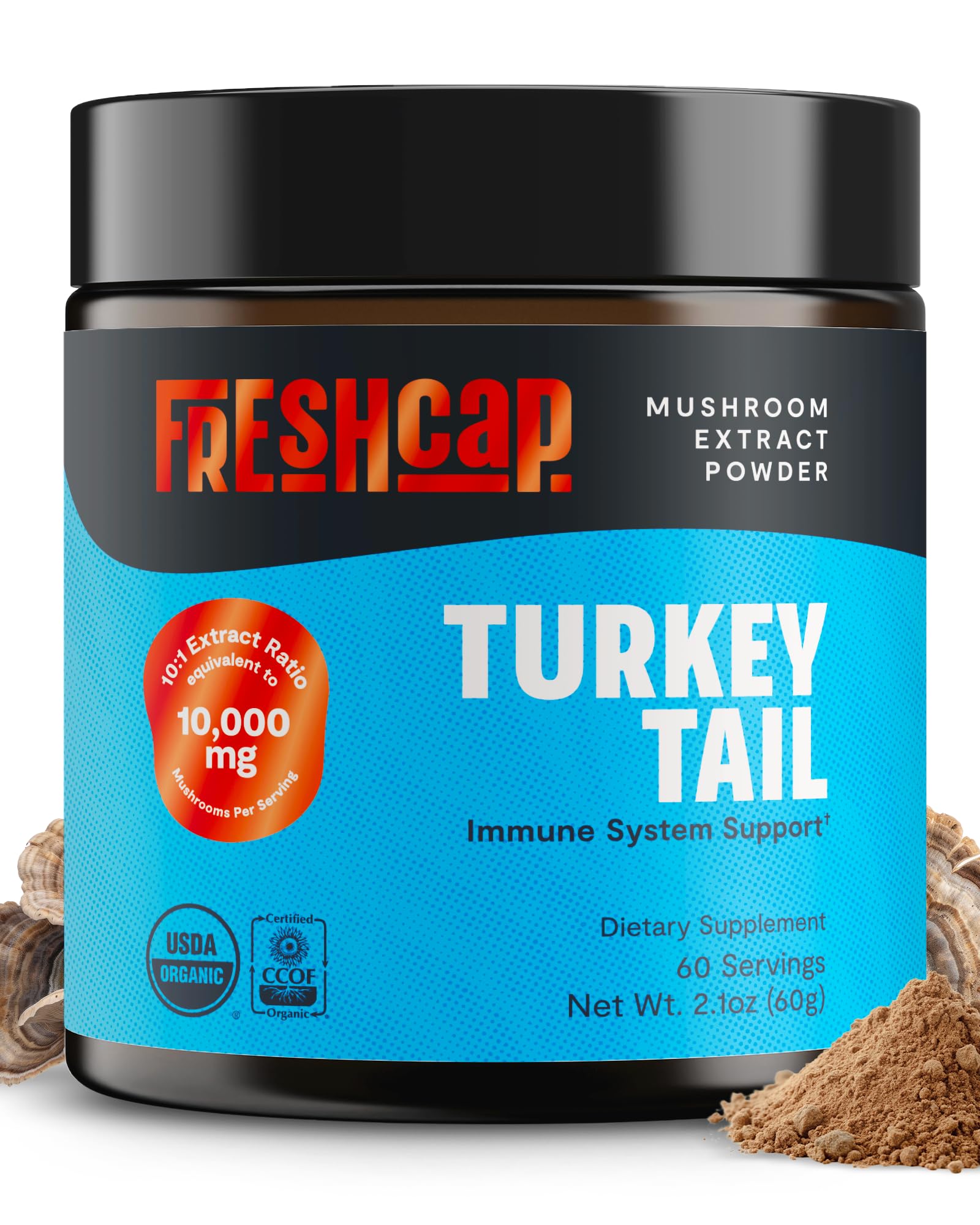 FreshCap Mushrooms Turkey Tail powder bottle for daily immune support.