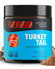 FreshCap Mushrooms Turkey Tail powder bottle for daily immune support.