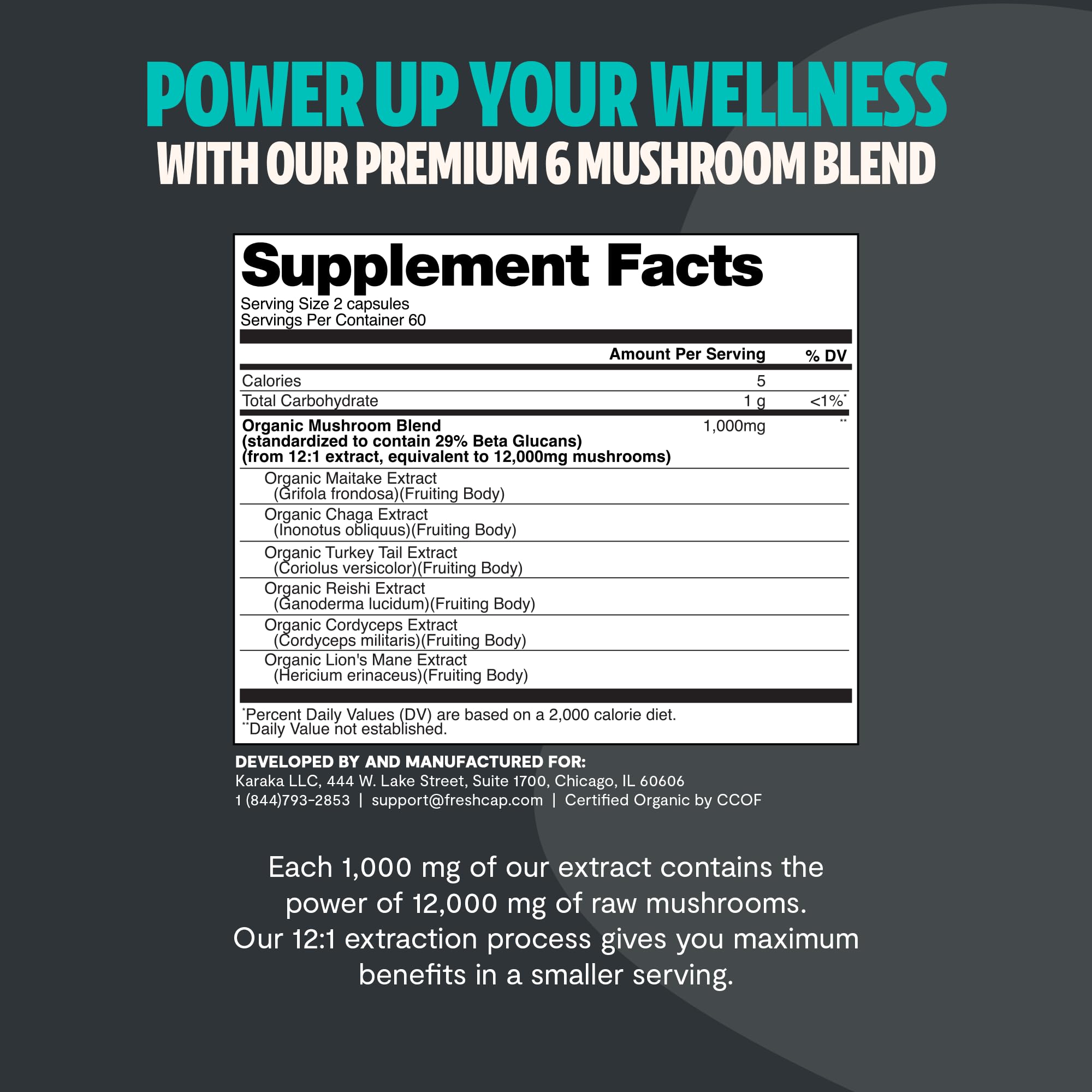 Six-mushroom complex ingredients: Lion's Mane, Reishi, Cordyceps, Chaga, Turkey Tail, Maitake