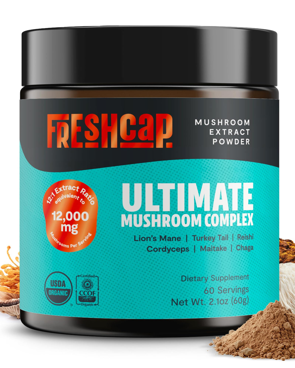 FreshCap Mushrooms Ultimate Powder serving with 12,000mg potency