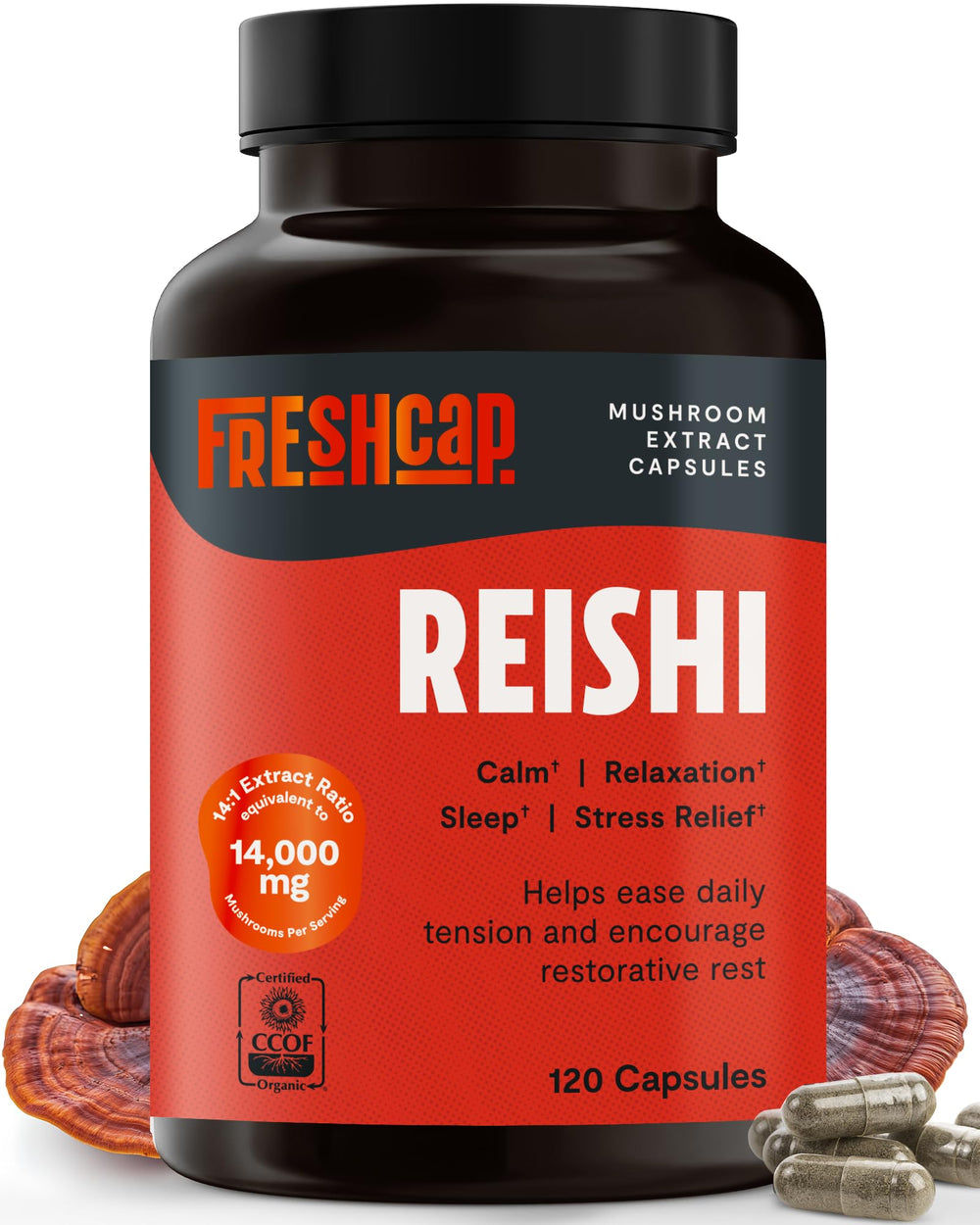 FreshCap Reishi Mushroom Supplement bottle label
