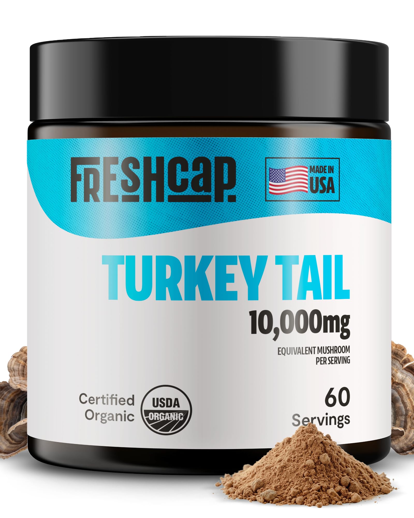 FreshCap Turkey Tail powder bottle label showing 60 servings