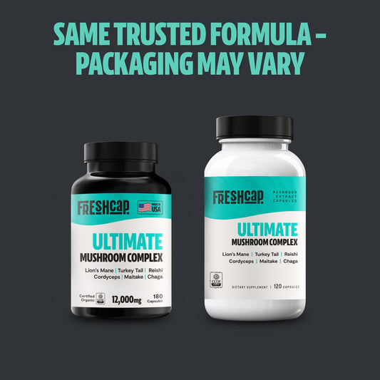 Bottle of FreshCap Ultimate Mushroom Supplement with 180 capsules