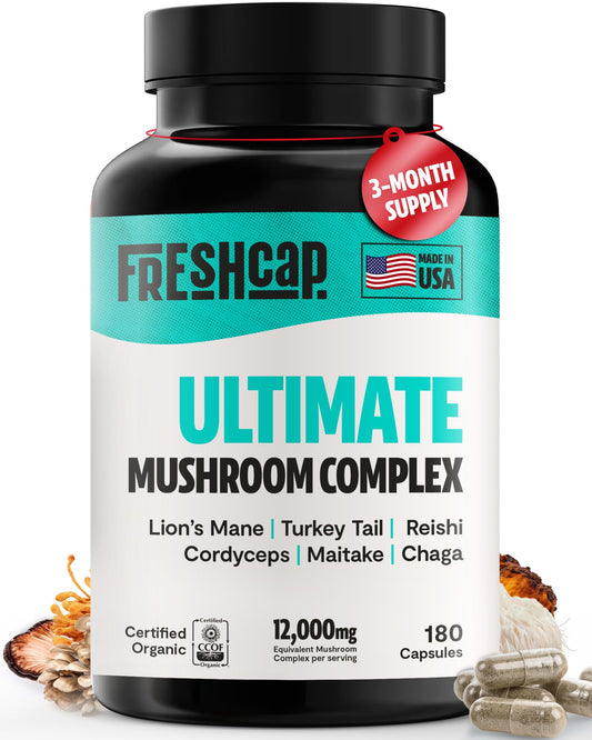 FreshCap Ultimate Mushroom Supplement packaging and label