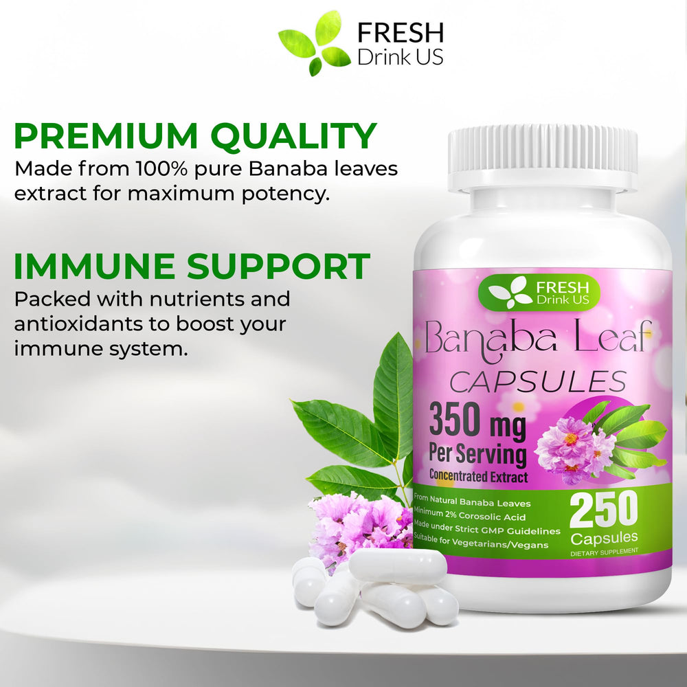 Label showing 350mg per serving on Banaba Capsules