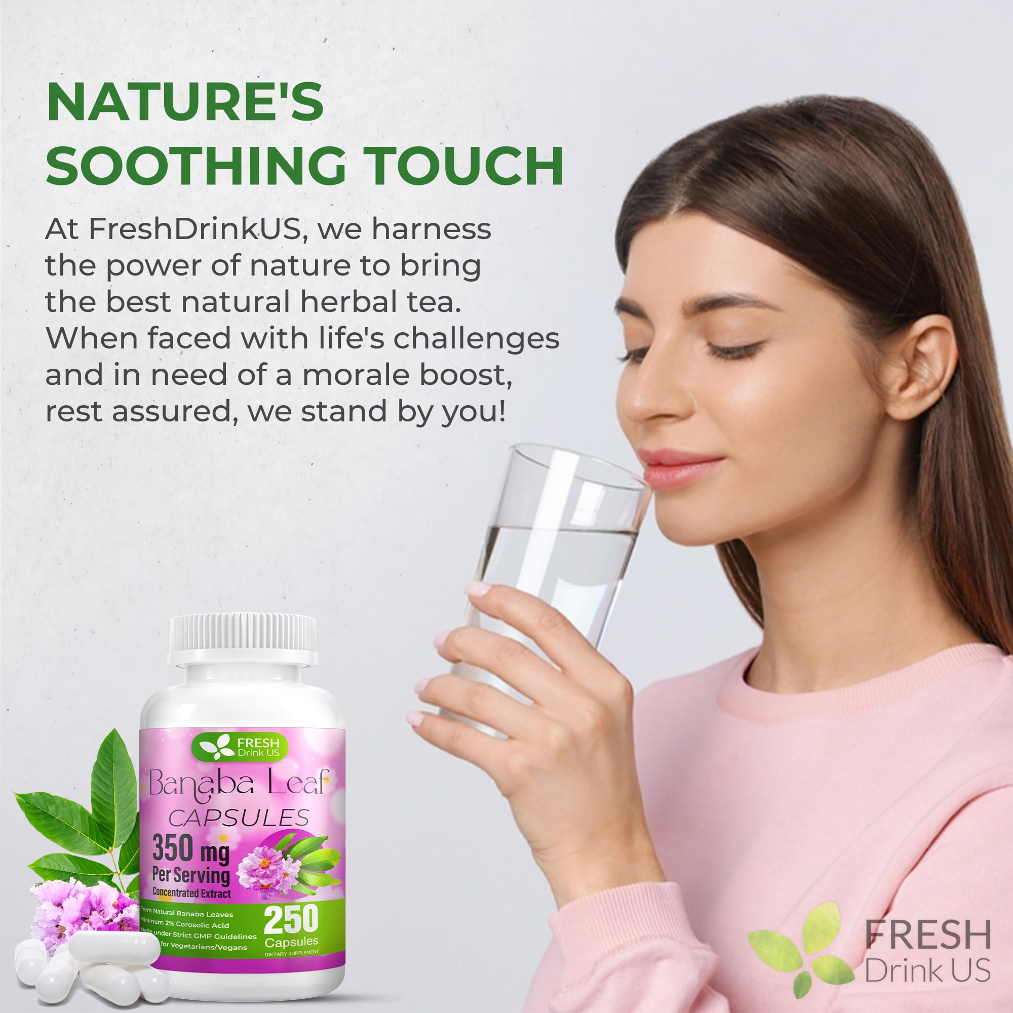 Close-up of FRESHDRINKUS Banaba vegan capsules