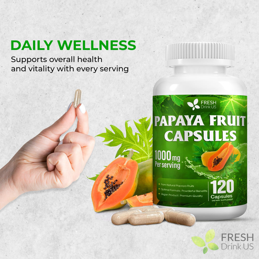 Close-up of 500mg per capsule on FRESHDRINKUS Papaya Capsules
