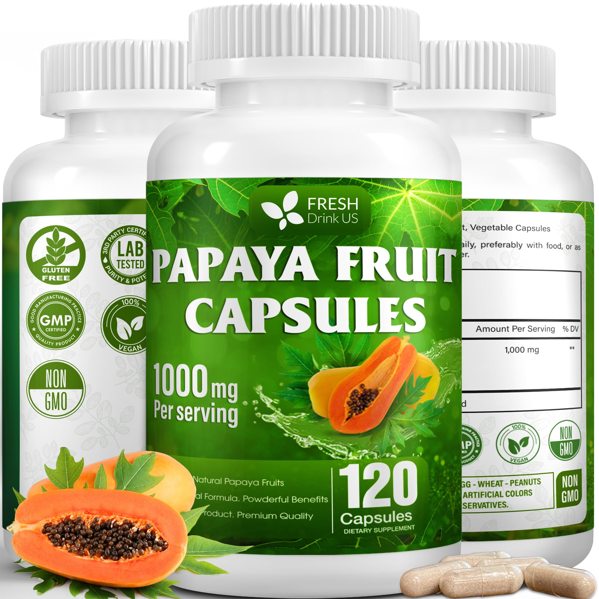 Front view of FRESHDRINKUS Papaya Capsules bottle