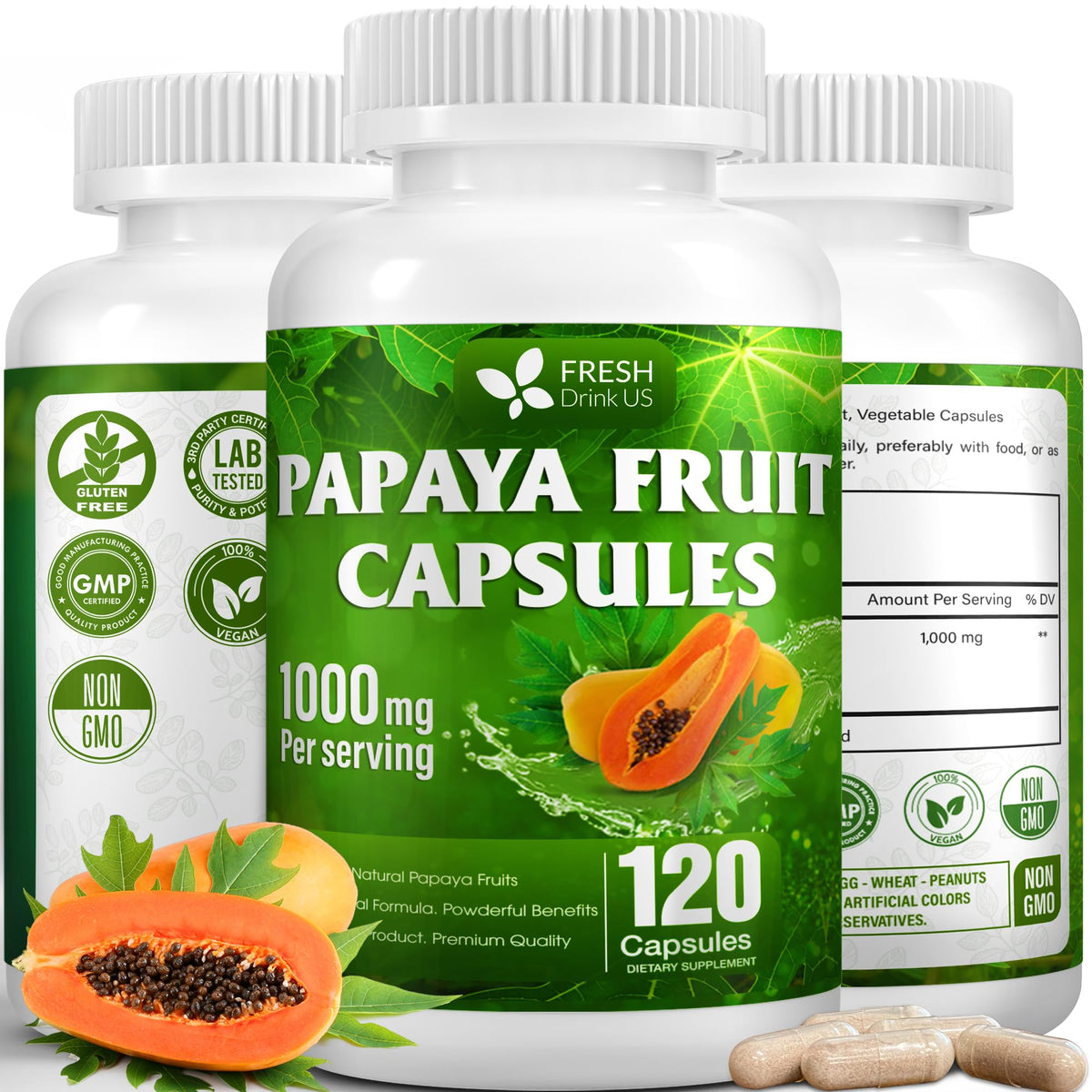 Front view of FRESHDRINKUS Papaya Capsules bottle