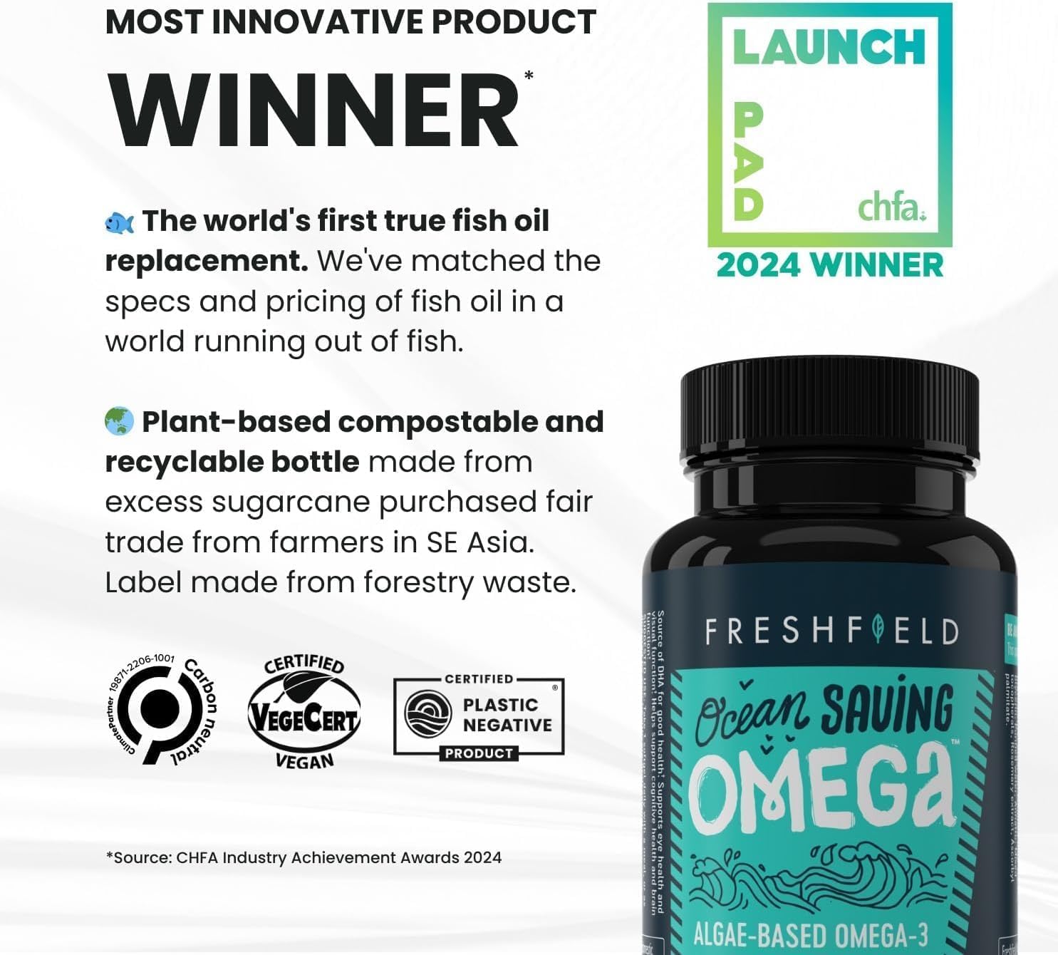 Close-up of Freshfield vegan DHA + DPA soft gel capsules